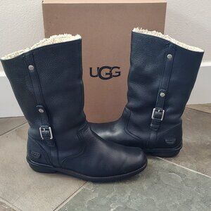UGG Black Leather Bellevue Sheepskin lined Boots